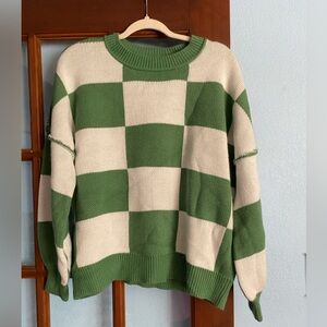 Green and Cream Checkerboard Sweater - Women